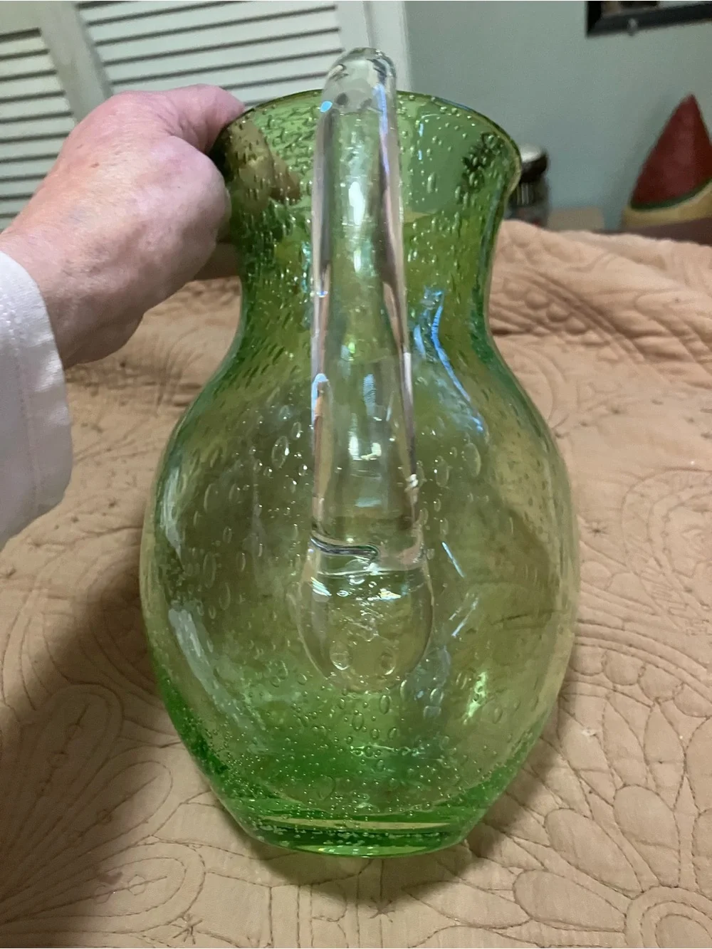 Crate and Barrel Hand Blown Green Glass Bubble Cocktail Water Pitcher